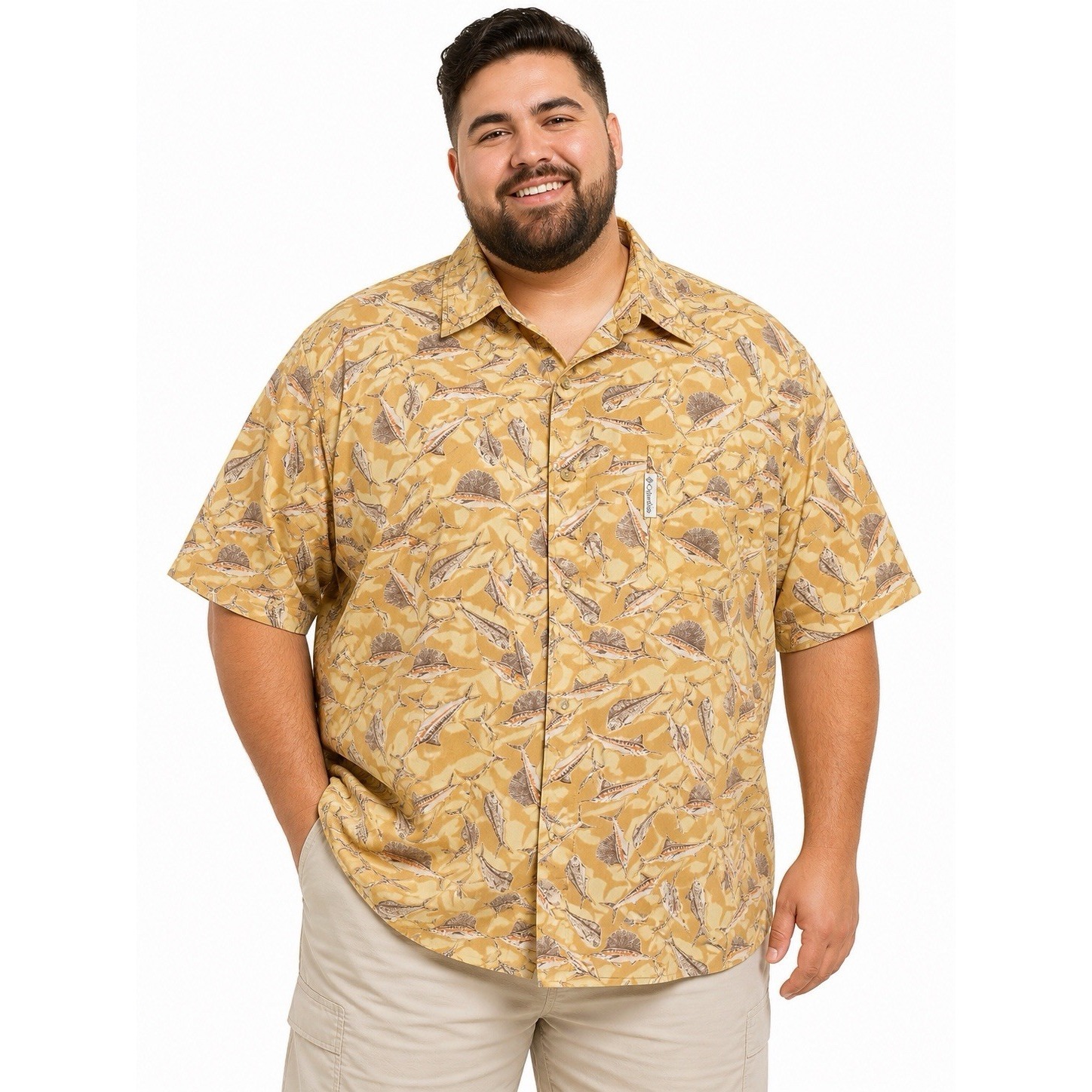 Columbia Mens Shirt Xl Yellow Fish Print Button Front Collared Short Sleeve